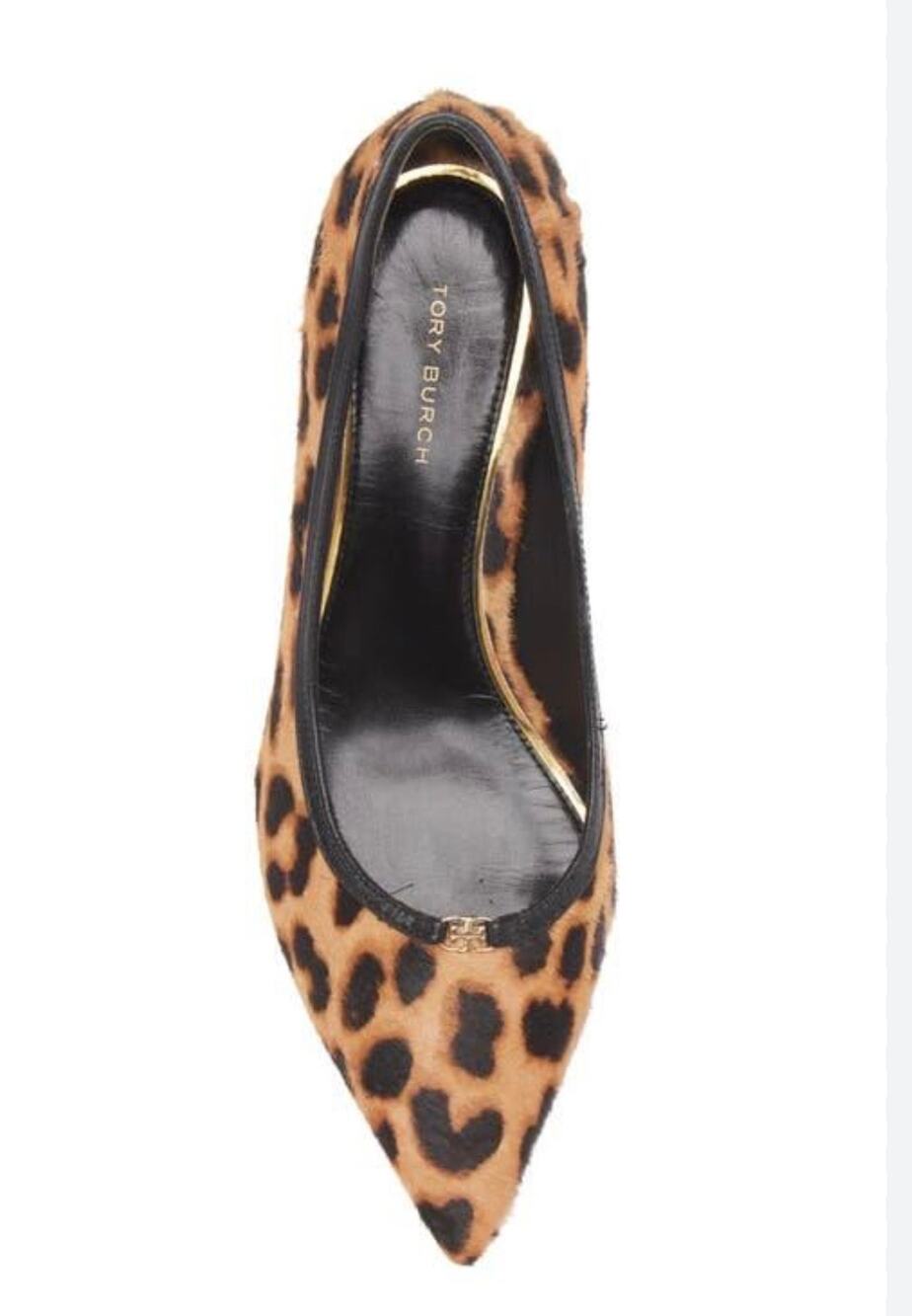 Tory Burch Double T Leopard Calf Hair Kitten Heel Pumps 5.5